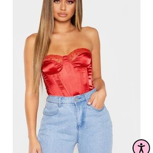 Pretty Little Thing Red Lace Trim Satin Corset Top
